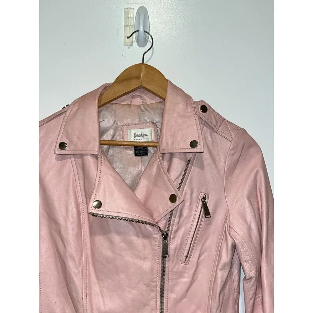Neiman Marcus Genuine Pink Leather Zipper Pockets Moto Jacket Women's Size S